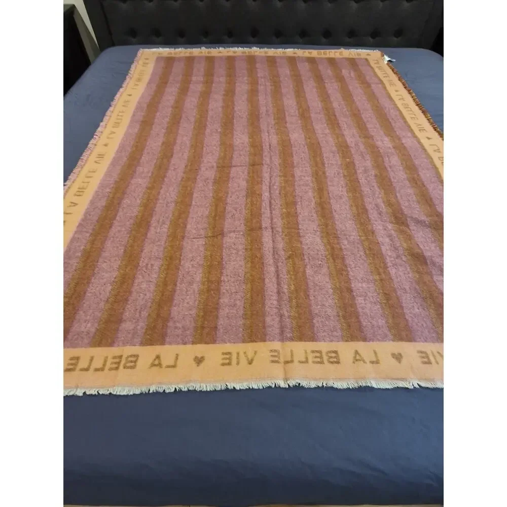 Anthropologie Cozy La Belle Vie Fringed Woven Throw Blanket Pink Yellow 50x70